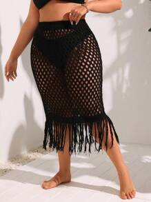 Swim Vcay Plus Size Summer Beach Solid Color Hollow Out Knitted Fringed Hem Cover Up Skirt