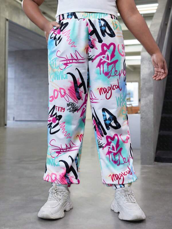 SHEIN Jogger für Tween Mädchen in erweiterten Größen mit Street Style gestricktem Graffiti-Muster für Frühling und Sommer