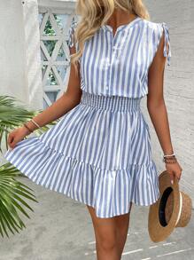 Calvaya Vestito estivo in cotone con volant sulle spalle, fiocco, vita stretta e righe blu e bianche
