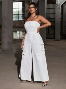 SHEIN ICON Plus Size Denim Jumpsuit Dạo Phố Quây Gợi Cảm Rompers Cotton Trắng Tổng Thể Quần - trắng - Xem 3