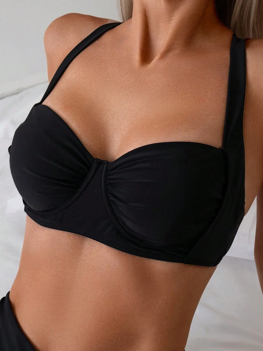 Swim Vcay 女士夏季海灘純色後交叉性感比基尼上衣，帶褶皺設計 - 黑色 - 查看 1