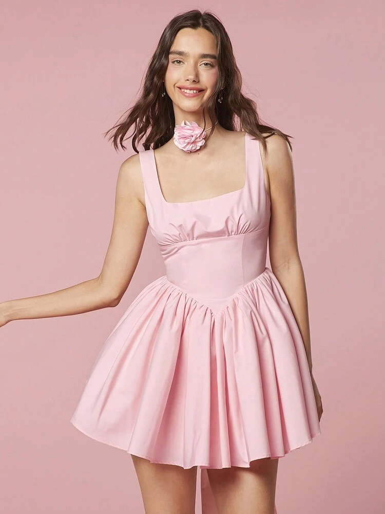 Women's Summer Vacation Graduation Prom Pink Cute Square Neck Backless Fluffy Bow Dress