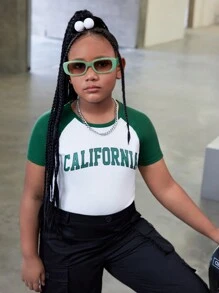 SHEIN Tween Girl, extra groot, sportief en casual, gebreide kleurblokkerende top met ronde hals, raglanmouwen en korte mouwen, lente/zomer