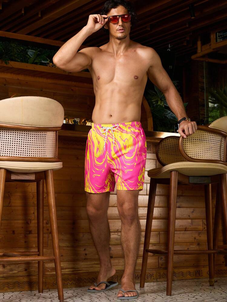Men's Summer Marble Printed Drawstring Waist Beach Shorts