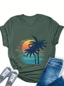 SHEIN LUNE Áo thun mùa hè hoàng hôn nhiệt đới cổ điển dành cho nữ, lý tưởng cho kỳ nghỉ - Màu xanh lá cây đậm - Xem 3