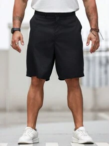 Manfinity Homme Plus size effen kleur shorts met zakken voor zomer vrijetijdskleding, effen zwart zakelijk