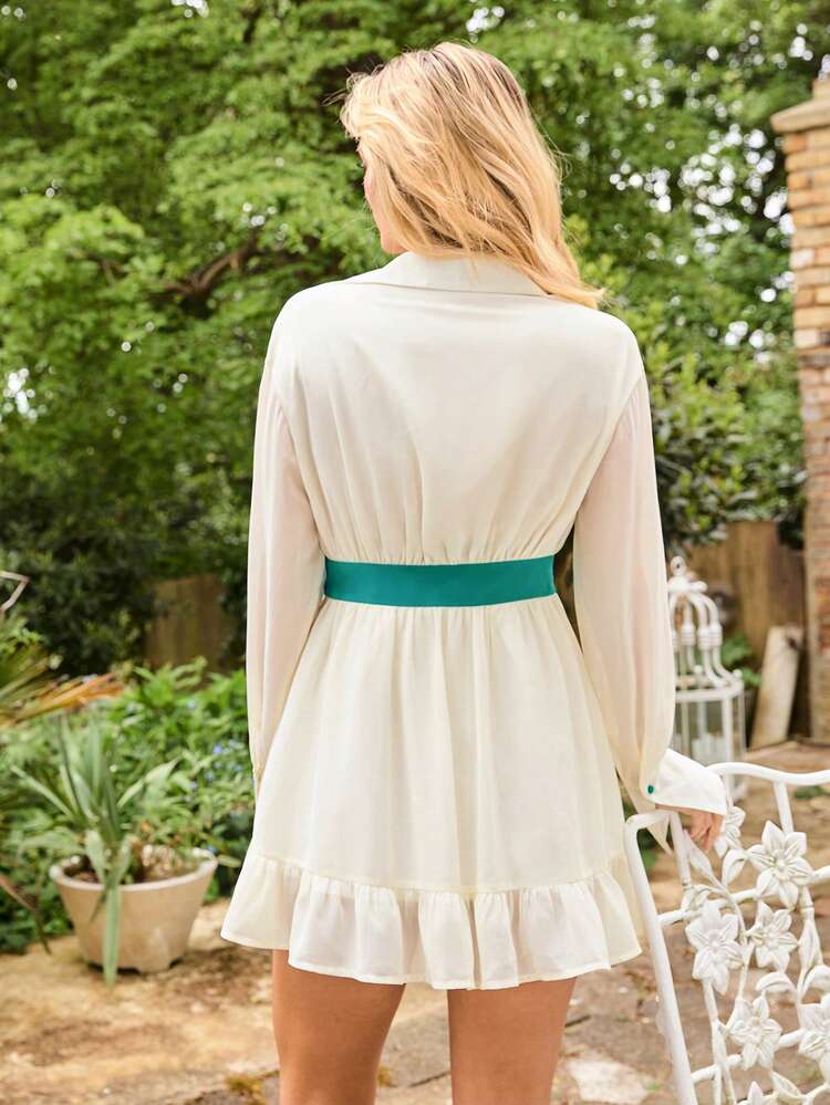 Women's Fashionable And Simple A-Line Dress With Waistband And Lace Detailing, Long Sleeves