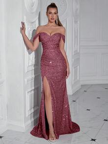 ADYCE Vestido largo de cóctel con hombros descubiertos, fruncido, abertura alta y espalda descubierta con lentejuelas de unicolor - Rosa vieja - Ver 3