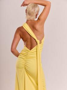 MUSERA 纤细的戒指细节不对称长裙，优雅的春夏度假婚礼宾客礼服 - 黃色 - 查看 5