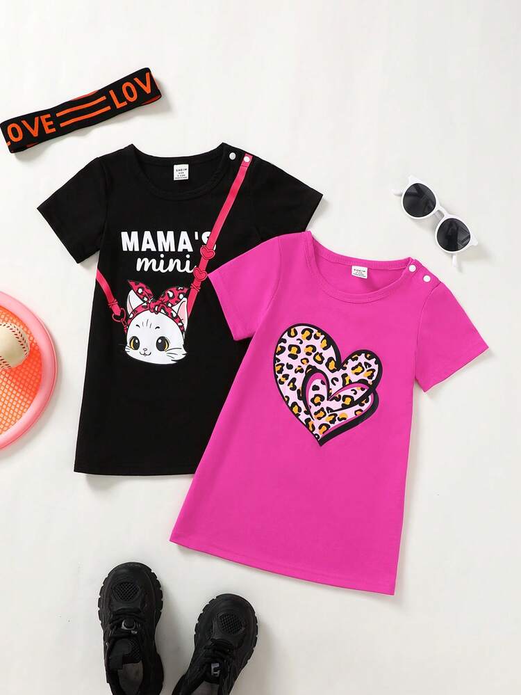 2pcs Baby Girls' Cute Printed Short Sleeve Dress Set
