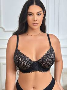Lace Plus Size Underwire Bra With Front Closure, 1pc Lingerie - Black - View 3