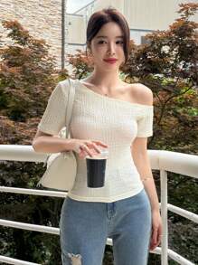 DAZY Textured Asymmetrical Neck Slim Fit Women's Short Sleeve T-Shirt Summer,Crop Tops Women Preppy Tops