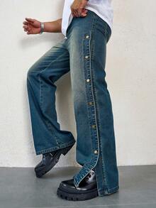 Men Casual Loose-Fitting Wide Leg Jeans With Side Button Fly And Washed Finish - Blue - View 6