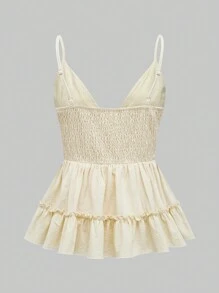 ROMWE Hippie 女款嬉皮刺繡收縮褶皺細肩帶背心，帶荷葉邊的腰部設計 - 杏色 - 查看 2