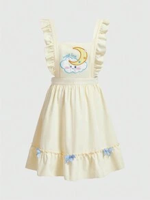 ROMWE Kawaii Plus Size Cổ vuông Váy thêu hoạt hình Xù Hem Mùa hè - Màu vàng - Xem 1