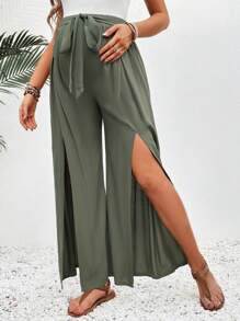 SHEIN Quần ống rộng xẻ dây rút thông thường dành cho bà bầu - xanh quân đội - Xem 5