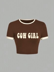 SHEIN MOD Casual Simple Design Contrast Color Tight-Fitting Cropped Women's T-Shirt With Patterned Collar And Sleeve Cuffs, Suitable For Summer - Brown - View 1