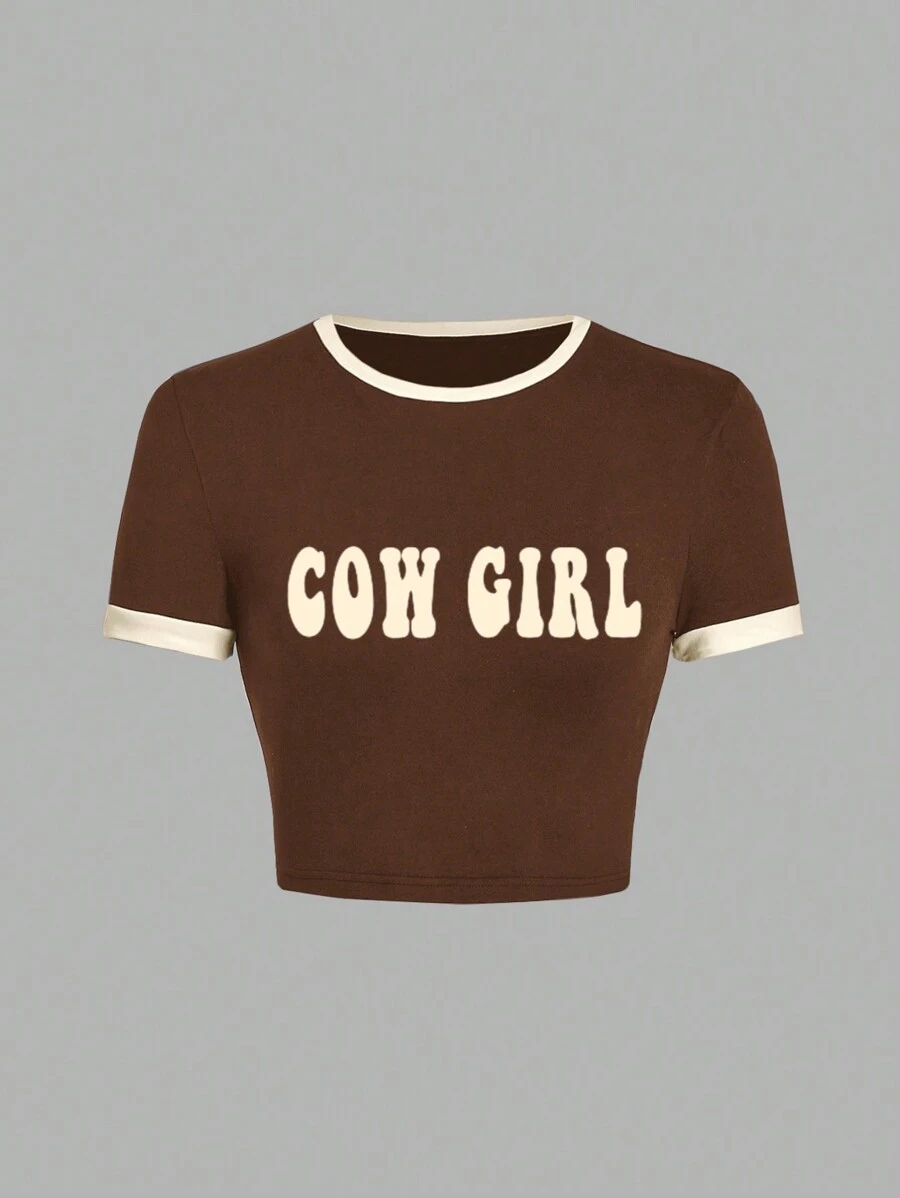 SHEIN MOD Casual Simple Design Contrast Color Tight-Fitting Cropped Women's T-Shirt With Patterned Collar And Sleeve Cuffs, Suitable For Summer - Brown - View 1