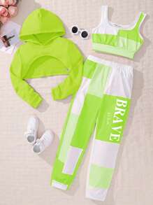 SHEIN Teen Girls Color Block Simple Daily Outfit Set (Top And Pants) - Green - View 1