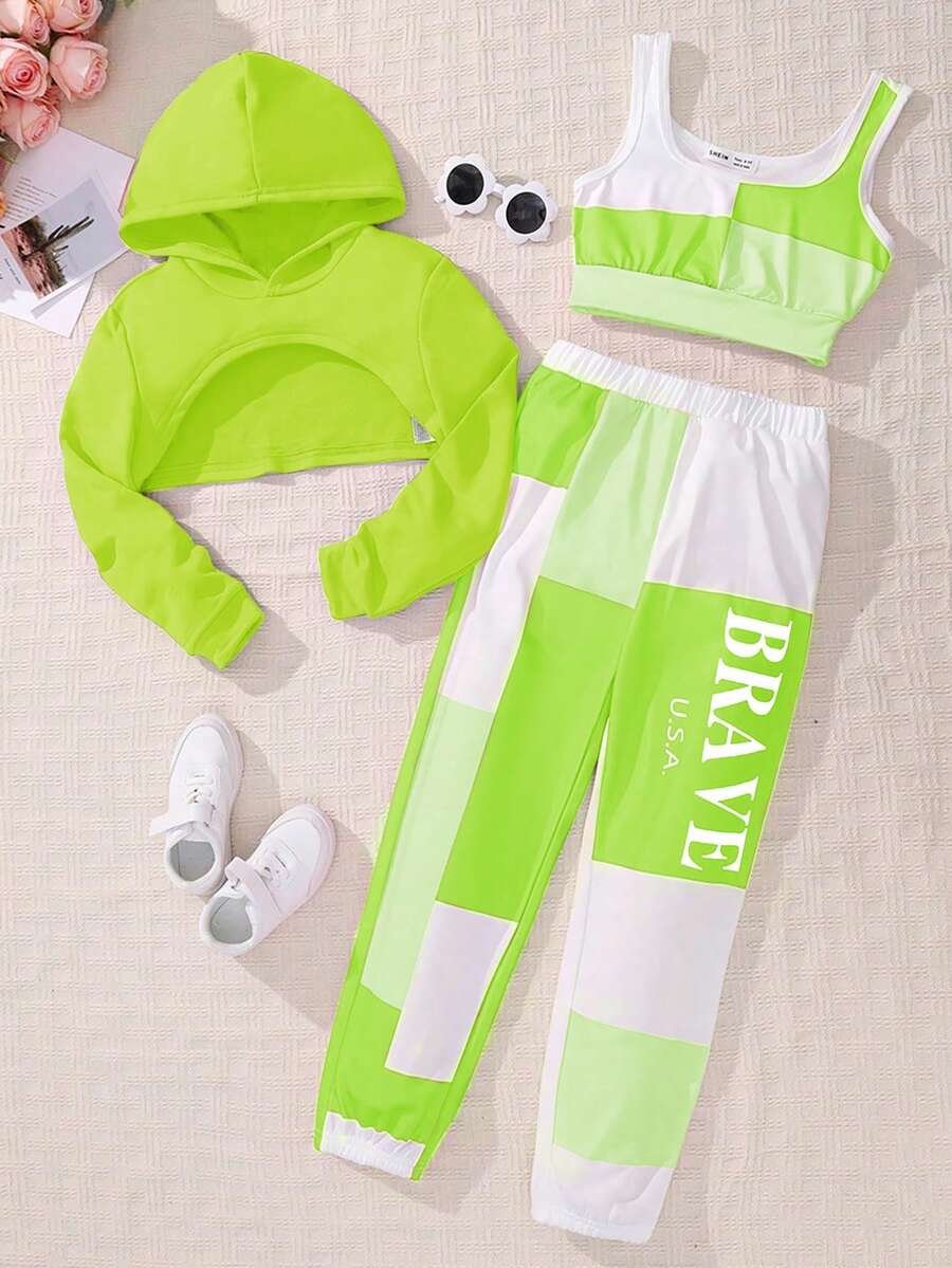 SHEIN Teen Girls Color Block Simple Daily Outfit Set (Top And Pants) - Green - View 1
