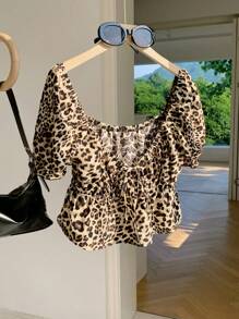 Comfortcana 女士夏季时尚豹纹泡泡袖短款衬衫、短袖上衣 - 彩色 - 查看 6