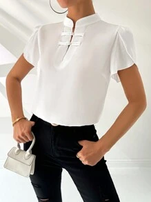 SHEIN Clasi Chemise d'été simple au style chinois avec boutons, manches à fleurs et pétales pour tenues de fête et vacances pour femmes - Blanc - Voir 4