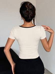 Women's Wrapped Large Round Neckline Bowknot T-Shirt Summer,Crop Tops Women - Beige - View 2
