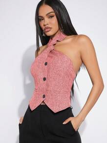 SHEIN Haute Twist Lapel Halter Button Up Vest - Pink - View 5
