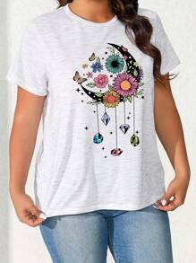 Calvaya Plus Size Women's Summer Short Sleeve T-Shirt With Moon, Stars, And Butterfly Pattern, Round Neck