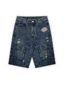 ROMWE MEN Street Life Nam Washed Đau Khổ Nhiều Túi Denim Hàng Quần Short Baggy Dài Đến Đầu Gối Quần Jean Baggy Cho Mùa Hè - Màu xanh lam - Xem 1