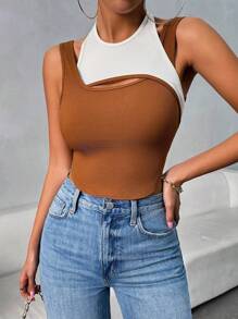 Calvaya Top de tanque sin espalda con tirantes de espagueti de bloque de color de moda para mujeres en verano