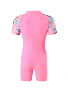 SHEIN Tween Girl Plant Print Zip Front One Piece Swimsuit
