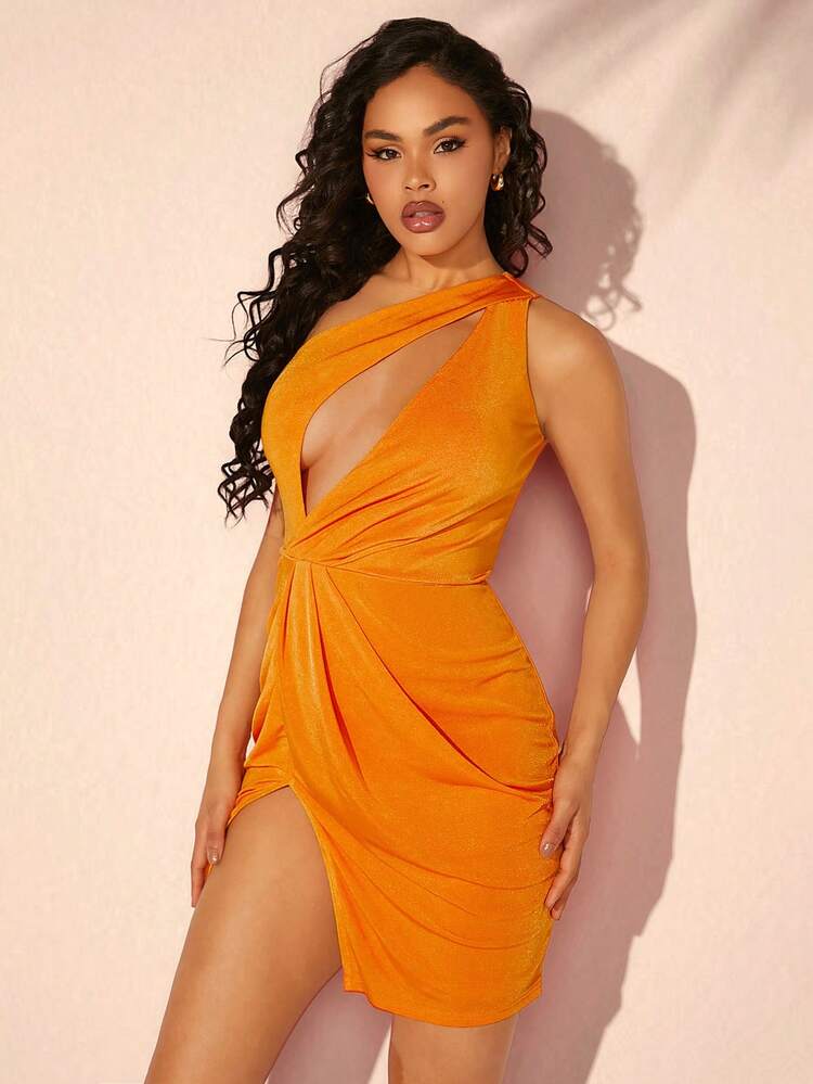 One Shoulder Cut Out Ruched Simple Solid Dress, Summer Beach Vacation
