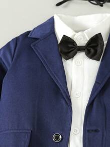 SHEIN 男婴绅士西装套装，长袖夹克和裤子，时尚适合生日派对、晚会、婚礼、洗礼、宝宝的第一个母亲节、家庭套装（不包括衬衫） - 藏蓝色 - 查看 3