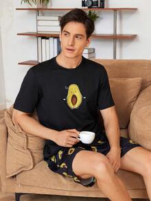 Conjunto de ropa de verano para hombre, estampado con dibujos animados de frutas en camiseta de cuello redondo y pantalones cortos para uso en casa