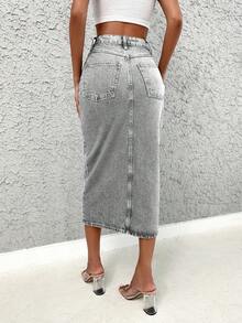 EURMUSE Women's Long Casual Denim Skirt With Slit And Pocket - Light Grey - View 2
