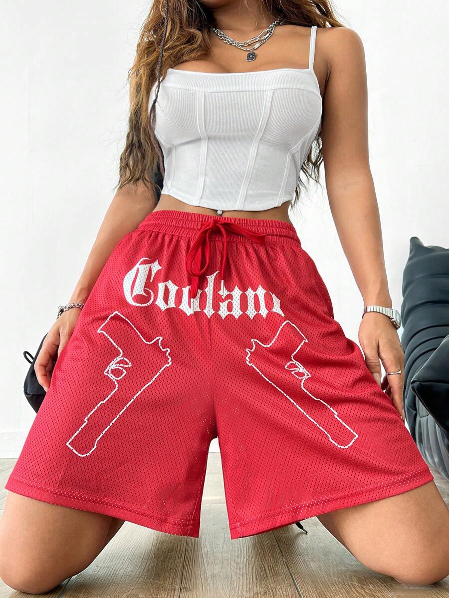 Muchica Pantalones cortos deportivos de malla transpirable con gráficos para mujer, para primavera/verano - Rojo - Ver 1