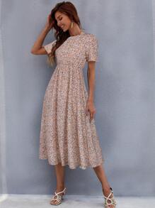 SHEIN LUNE Elegante Vestido Midi Floral Para Mujeres, Escote Redondo, Diseño En Capas, Fácil Cuidado & Duradero, Perfecto Para Outfits Casual De Verano - Rosa - Ver 6