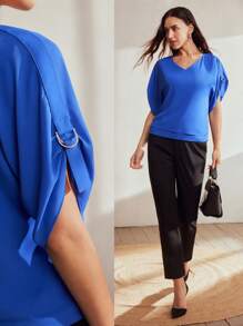MOTF Classy SOLID V-NECK D-RING DETAIL BATWING SLEEVE BLOUSE