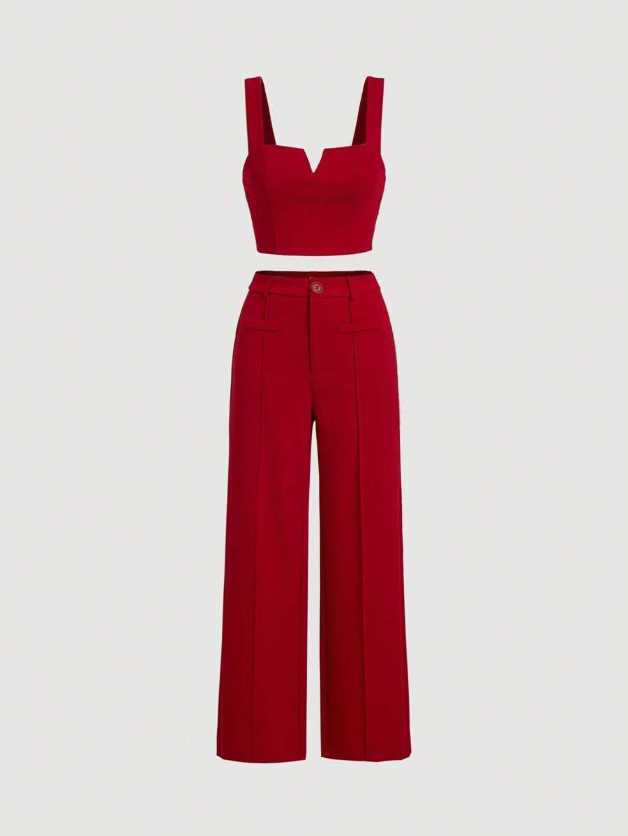 SHEIN MOD Bộ áo yếm và quần dài đơn giản màu trơn hàng ngày cho nữ, 2 chiếc - Đỏ - Xem 1