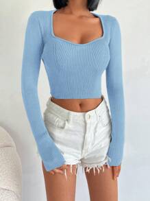 SHEIN Cottnline Solid Color Short Knit Sweater With Sweetheart Neckline - Blue - View 4