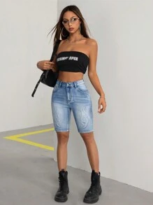 SHEIN EZwear 女士純色簡約日常牛仔短褲 - 藍色 - 查看 6