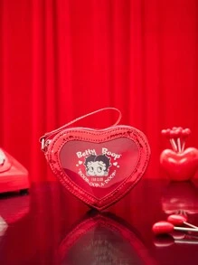 Betty Boop | ROMWE 时尚紧凑型零钱包，印有卡通和字母爱心图案，情人节 - 紅色 - 查看 3