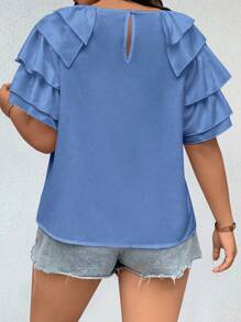 Flirla 大尺碼多層荷葉袖女士襯衫 - 霧霾藍 - 查看 2