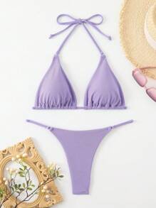 Ensemble bikini sexy unicolore pour femme avec bretelles à cou de ras-du-cou pour plage d'été