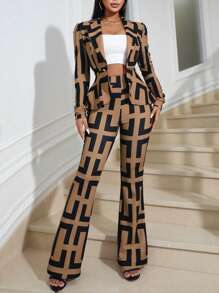 Zolique 幾何印花西裝外套和喇叭褲 - 杏色 - 查看 1