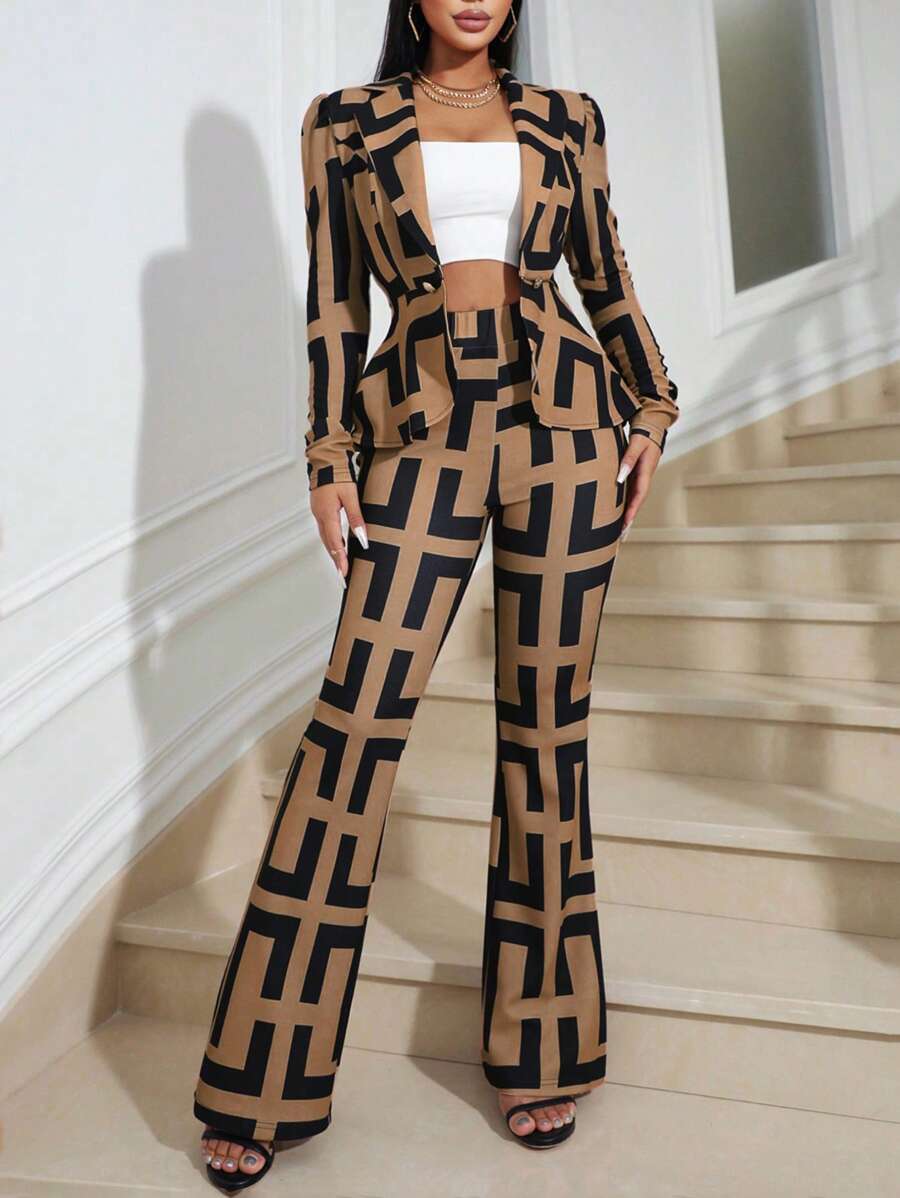 Zolique 幾何印花西裝外套和喇叭褲 - 杏色 - 查看 1