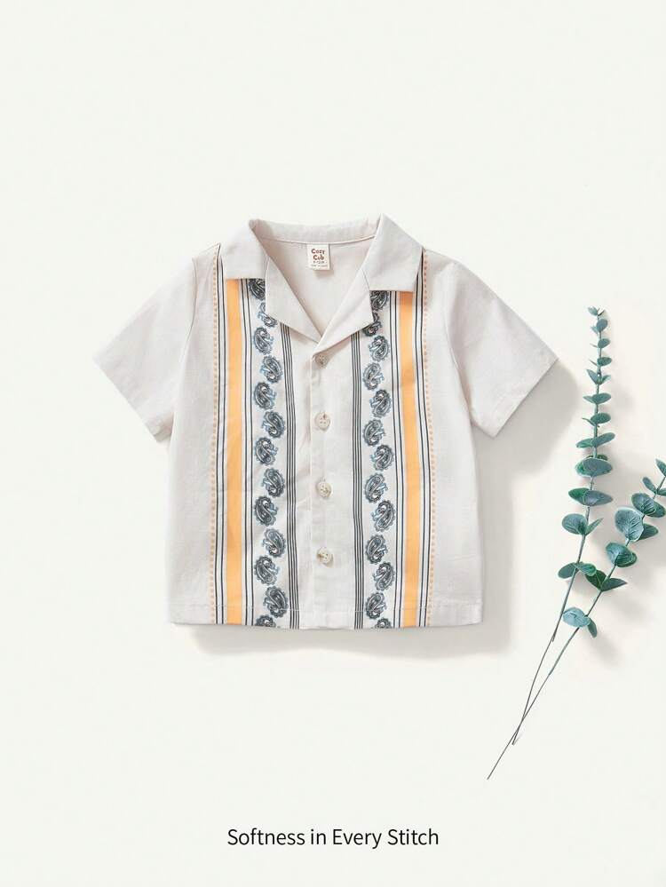 Baby Boy's Cartoon Floral Pattern Short Sleeve Polo Shirt With Button-Front