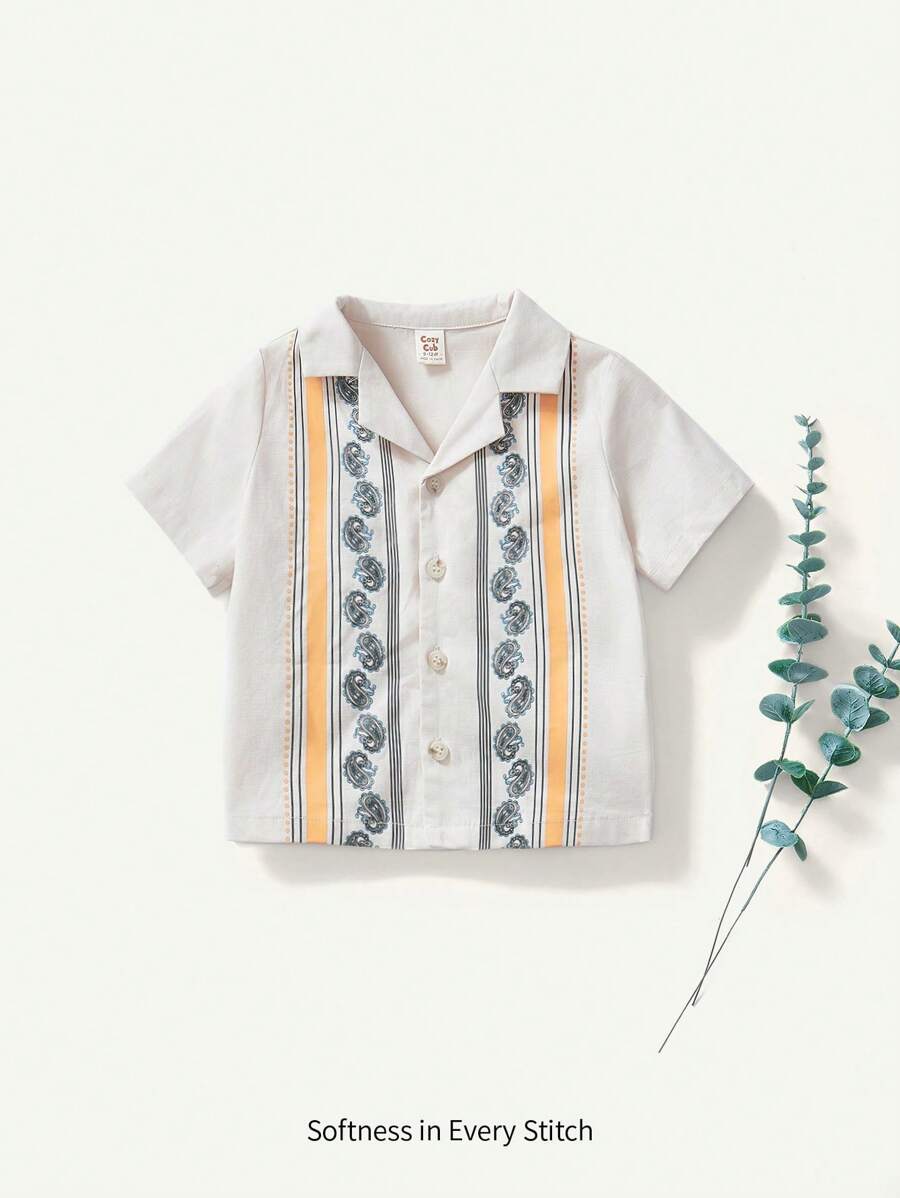 Cozy Pixies Baby Boy's Cartoon Floral Pattern Short Sleeve Polo Shirt With Button-Front - Apricot - View 1