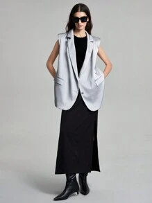 Ontre Chaqueta De Traje Sin Mangas Con Hombreras Acolchadas, Cuello De Solapa Y Botón - Gris Claro - Ver 5